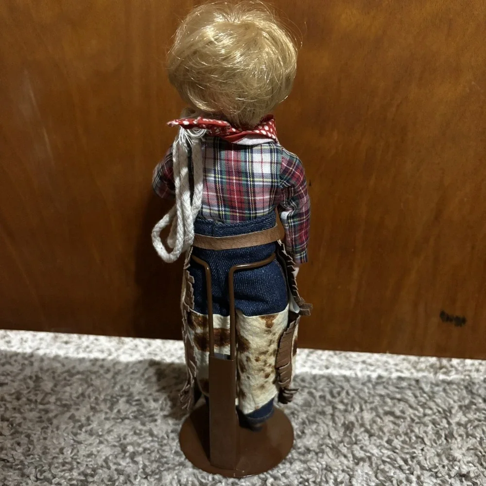 Cowboy Doll Blonde Straight Hair Blue Eyes Light Complexion Hat Plaid Shirt